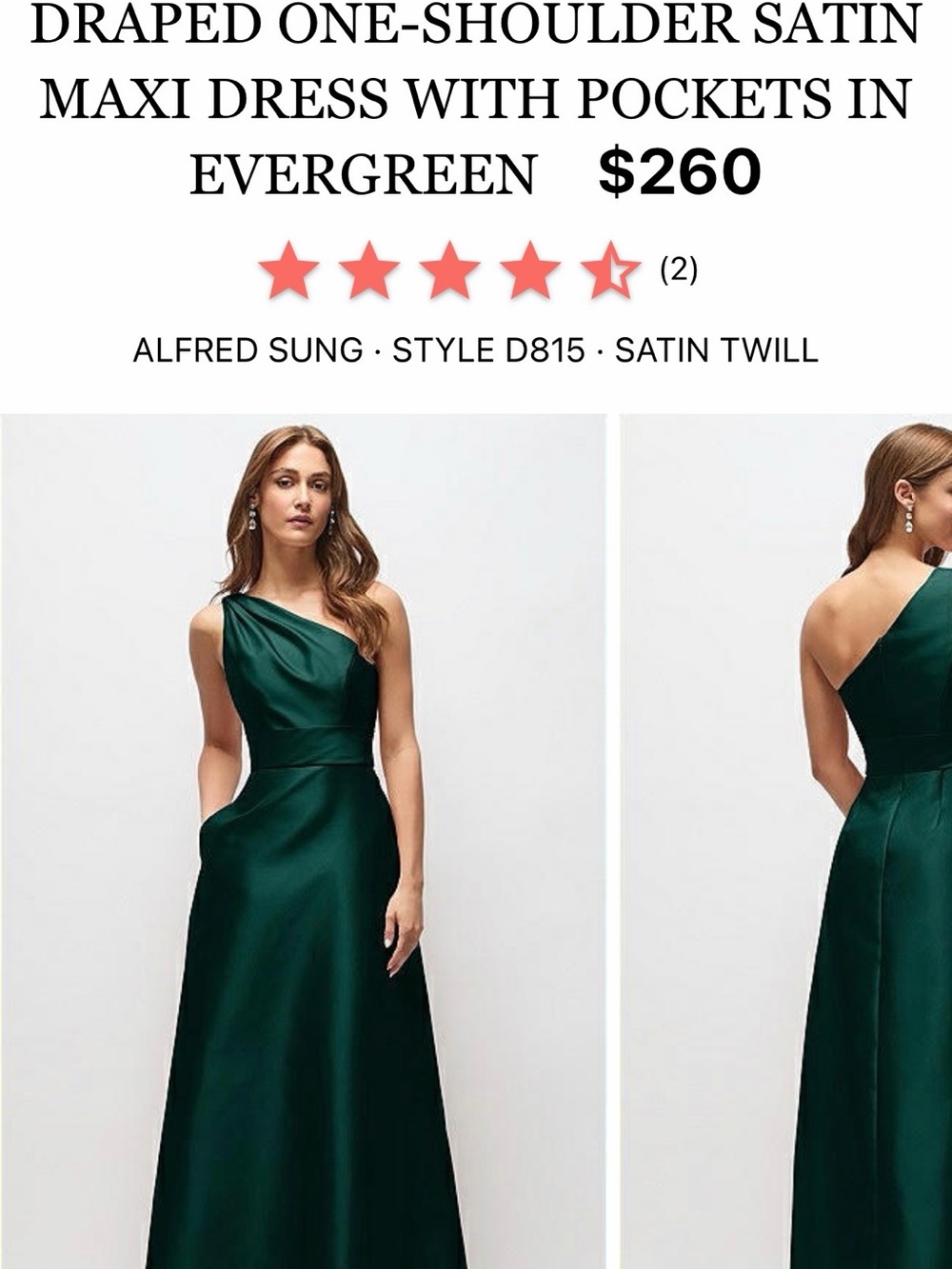 ALFRED SUNG One-Shoulder Satin Maxi Dress in Evergreen